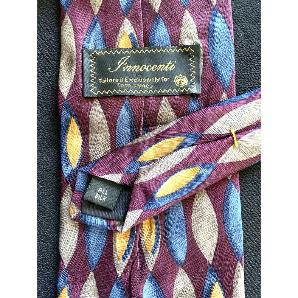 Vtg 90s Innocenti Tom James Silk Long NeckTie Maroon Blue Gold Abstract Designer